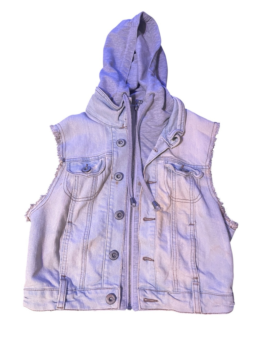 Blue Asphalt Light Wash Denim Vest with Gray Hood
